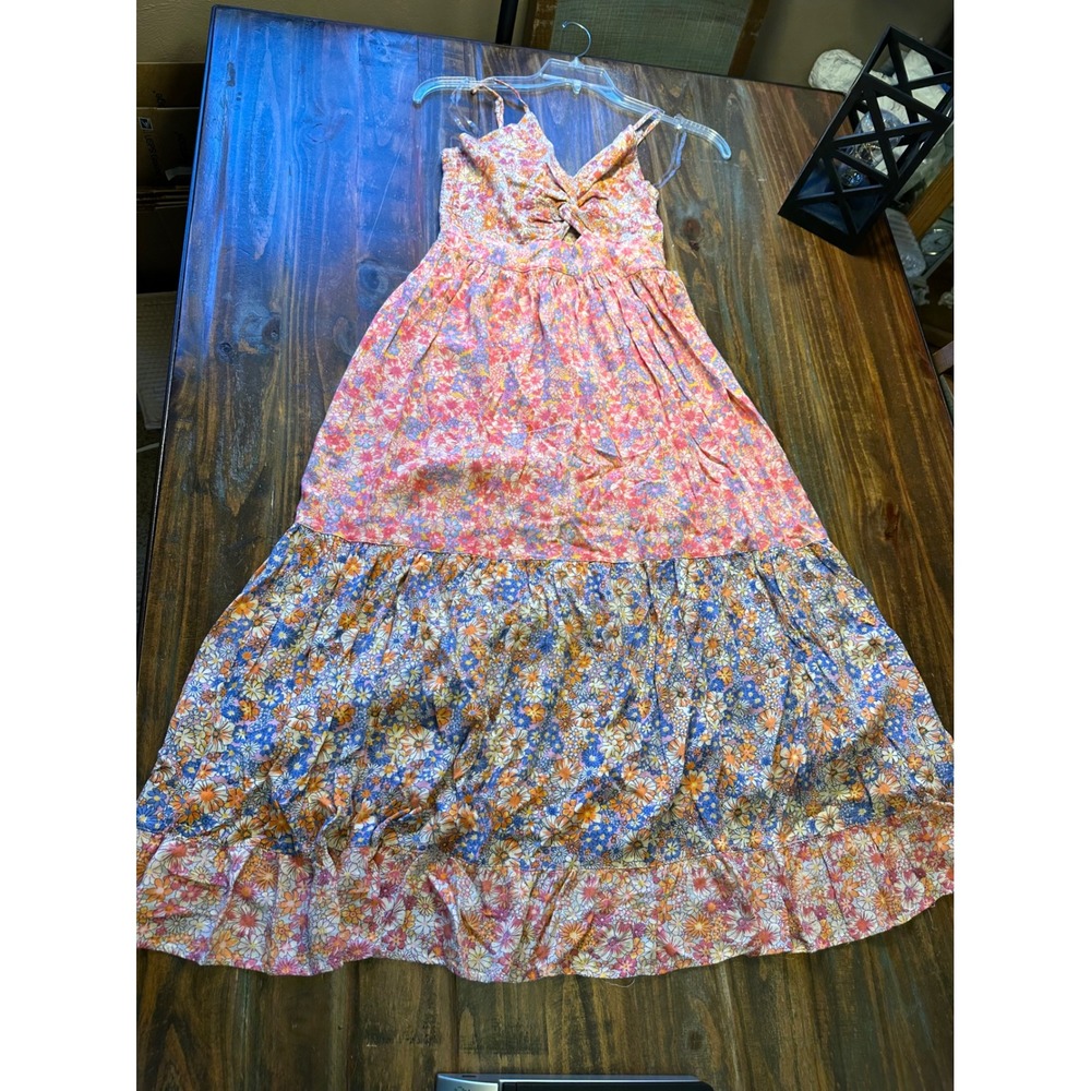 Angie Floral Maxi Dress Pink Blue Tiered‎ Boho Smocked Keyhole Twist Knot Small
